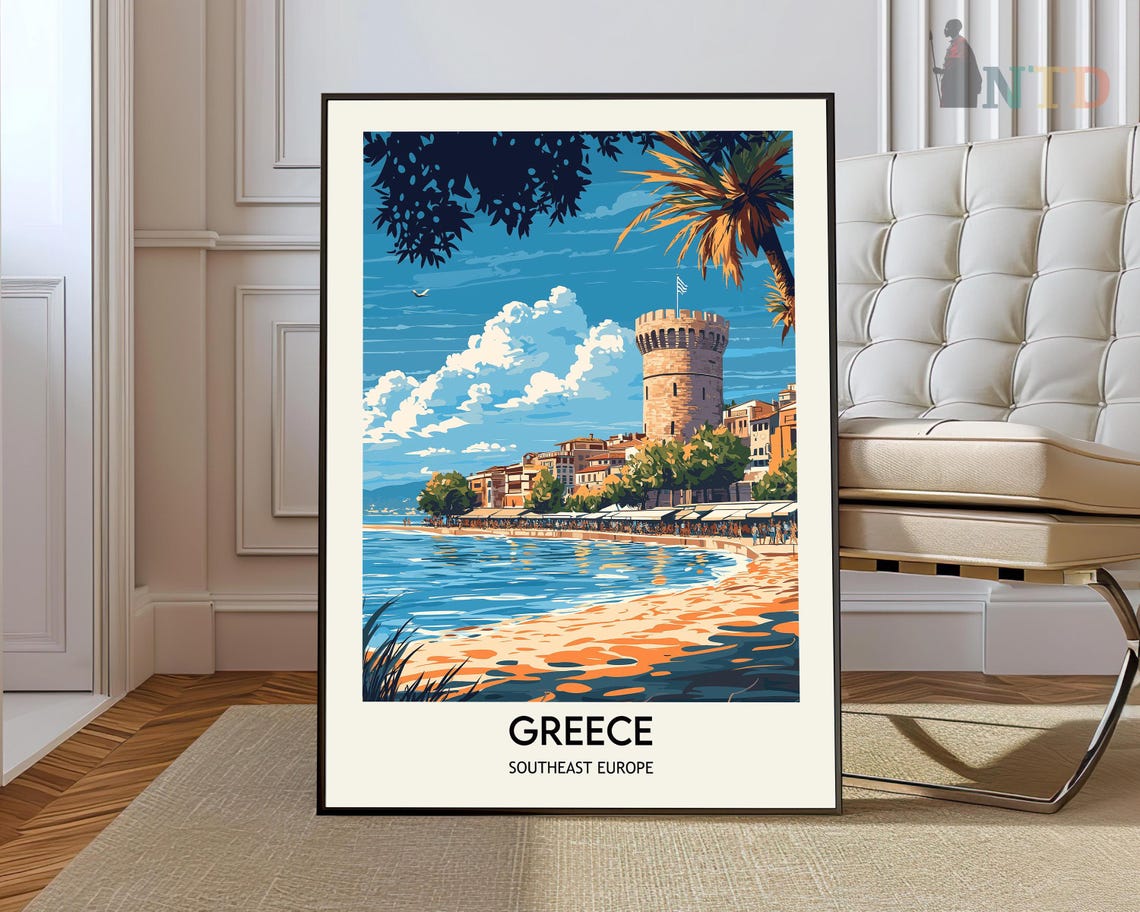 Greece White Tower Waterfront Palm Trees Mediterranean Travel Poster