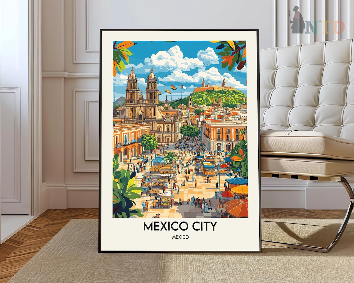 Mexico City Travel Poster, Tenochtitlan Landmark