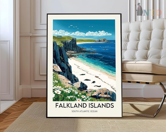 Falkland Islands Dramatic Sea Cliffs White Beach Travel Poster