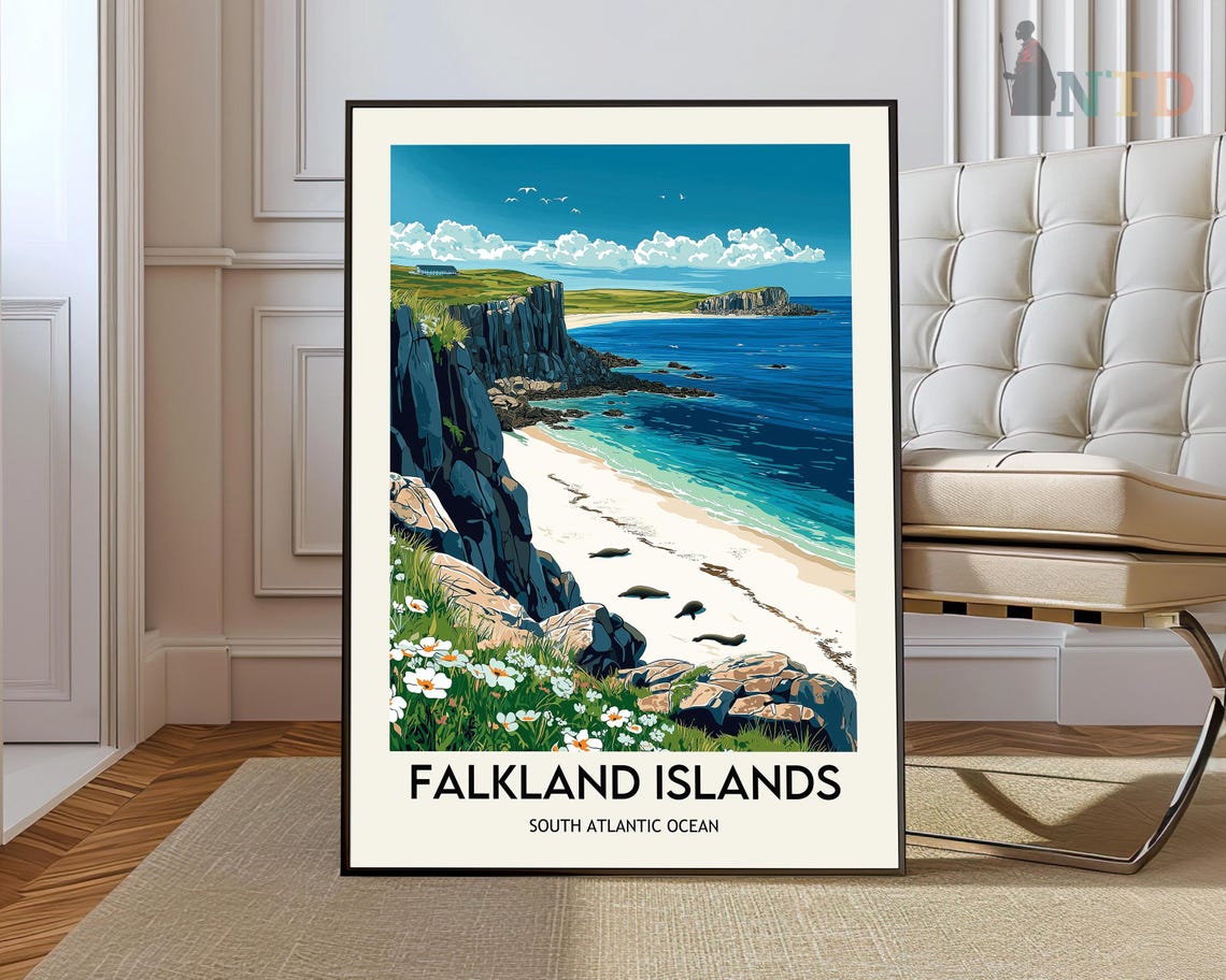 Falkland Islands Dramatic Sea Cliffs White Beach Travel Poster
