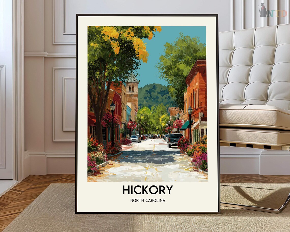 Hickory North Carolina Colorful Downtown Street Travel Poster