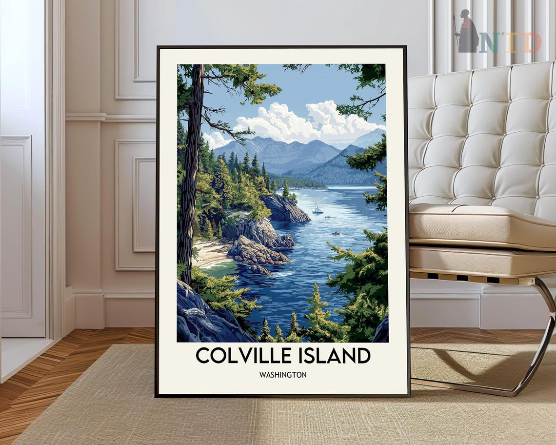 Colville Island Washington Forest Coastline Sailboat Travel Poster