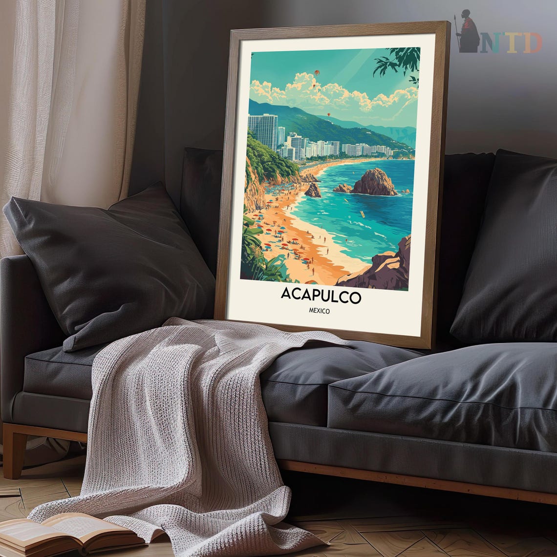 Acapulco Bay Beach Umbrella Crowd Mexico Coastline Travel Poster - Image 3