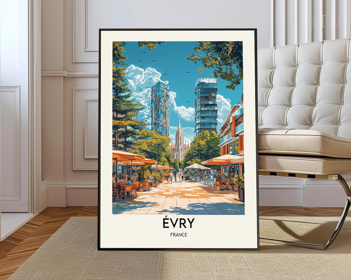 Evry France Sunny Plaza Cafes Twin Towers Vintage Travel Poster