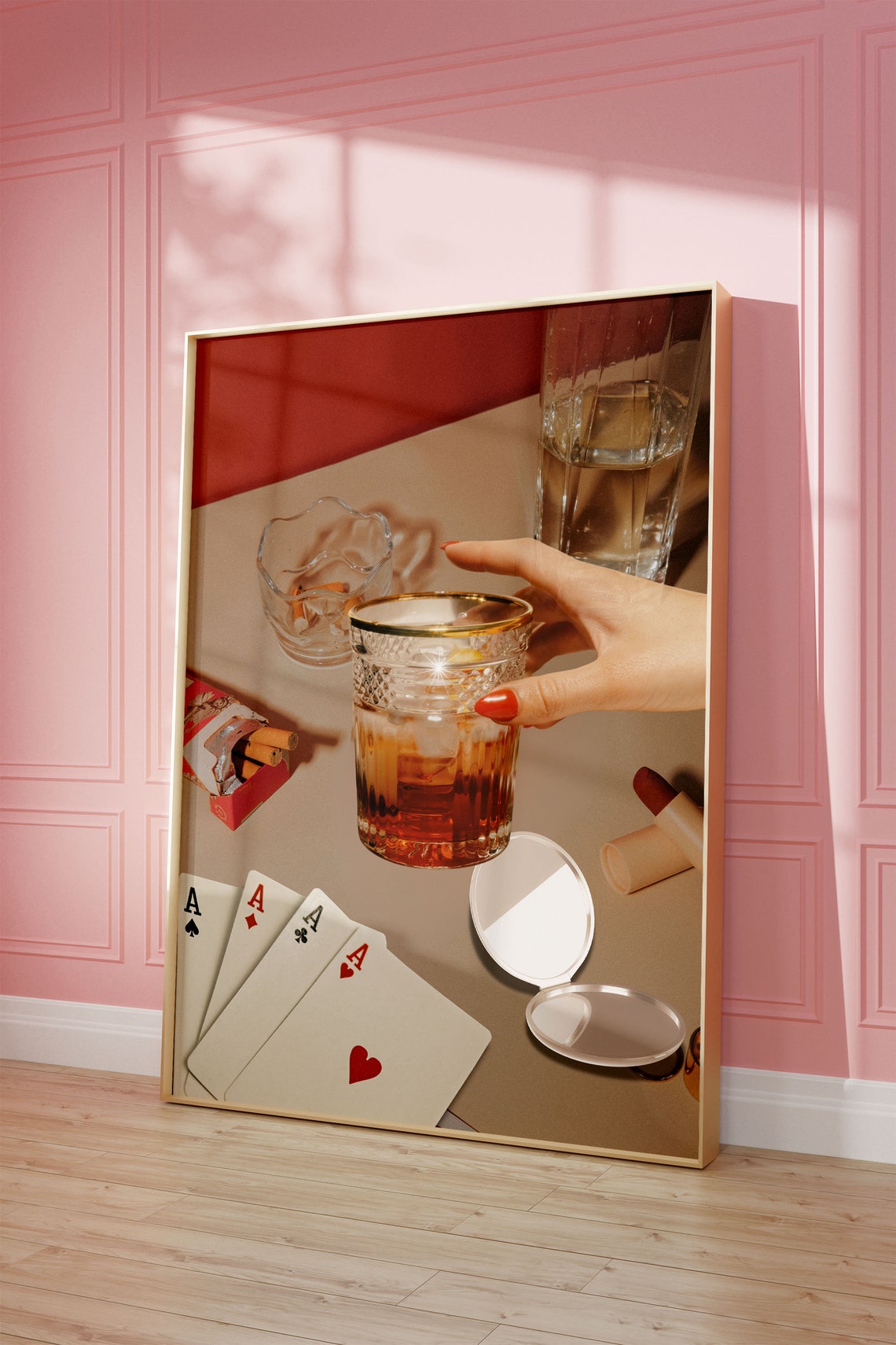 Four Aces Playing Cards and Whiskey Glass Retro Scene Poster - Image 3