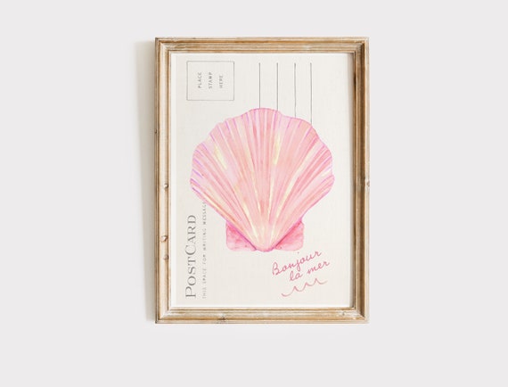 Coastal Seashell Pink Art Print, Vintage Coastal Decor