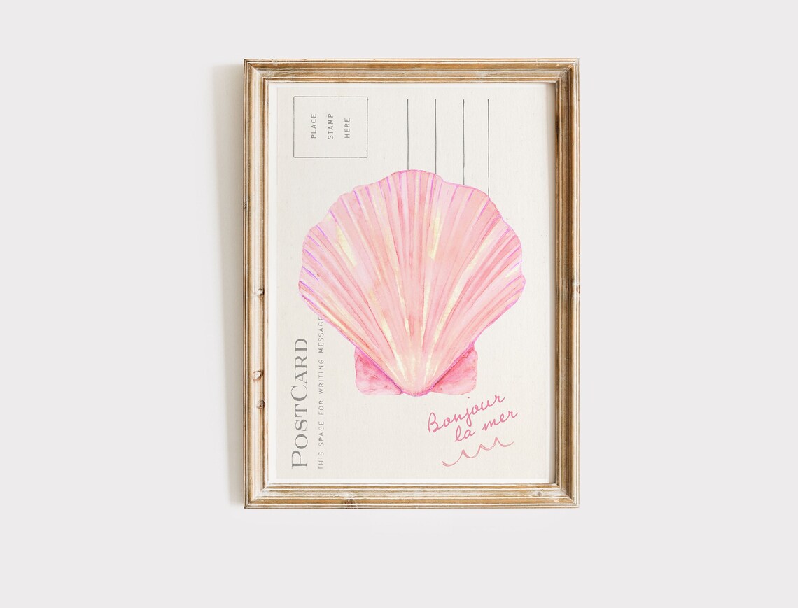 Coastal Seashell Pink Art Print, Vintage Coastal Decor