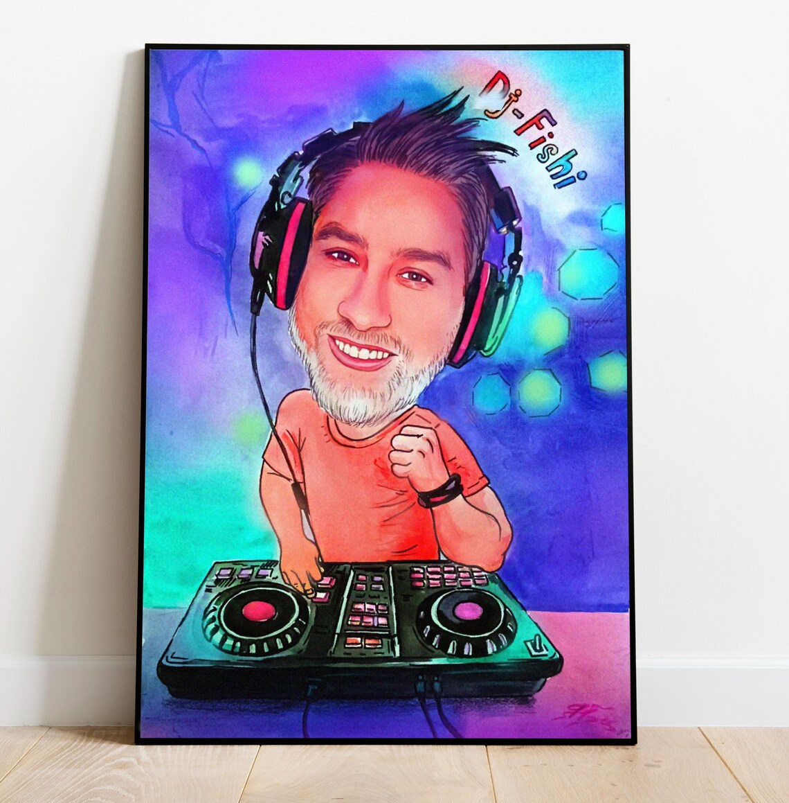 Custom Hand Drawn Caricature DJ Portrait Neon Club Music Gift Poster