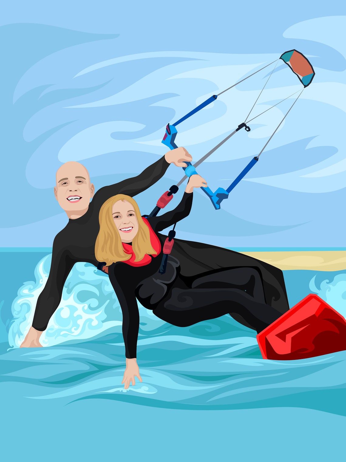 Custom Kitesurfing Couple Portrait Ocean Adventure Sports Gift Poster
