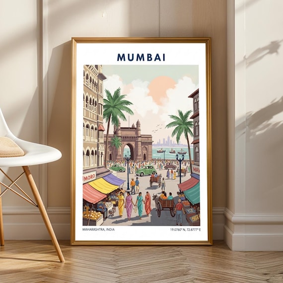 Mumbai Gateway Of India Poster Vintage Gouache Illustration Green And Blue Yellow Pink Orange Cityscape Travel Art