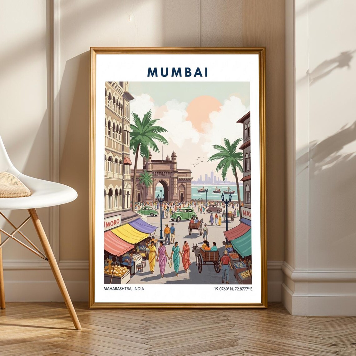 Mumbai Gateway of India Bustling Vintage Street Scene Travel Poster