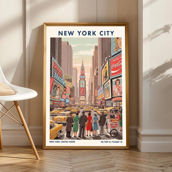 New York City Times Square Yellow Cabs Vintage Broadway Travel Poster