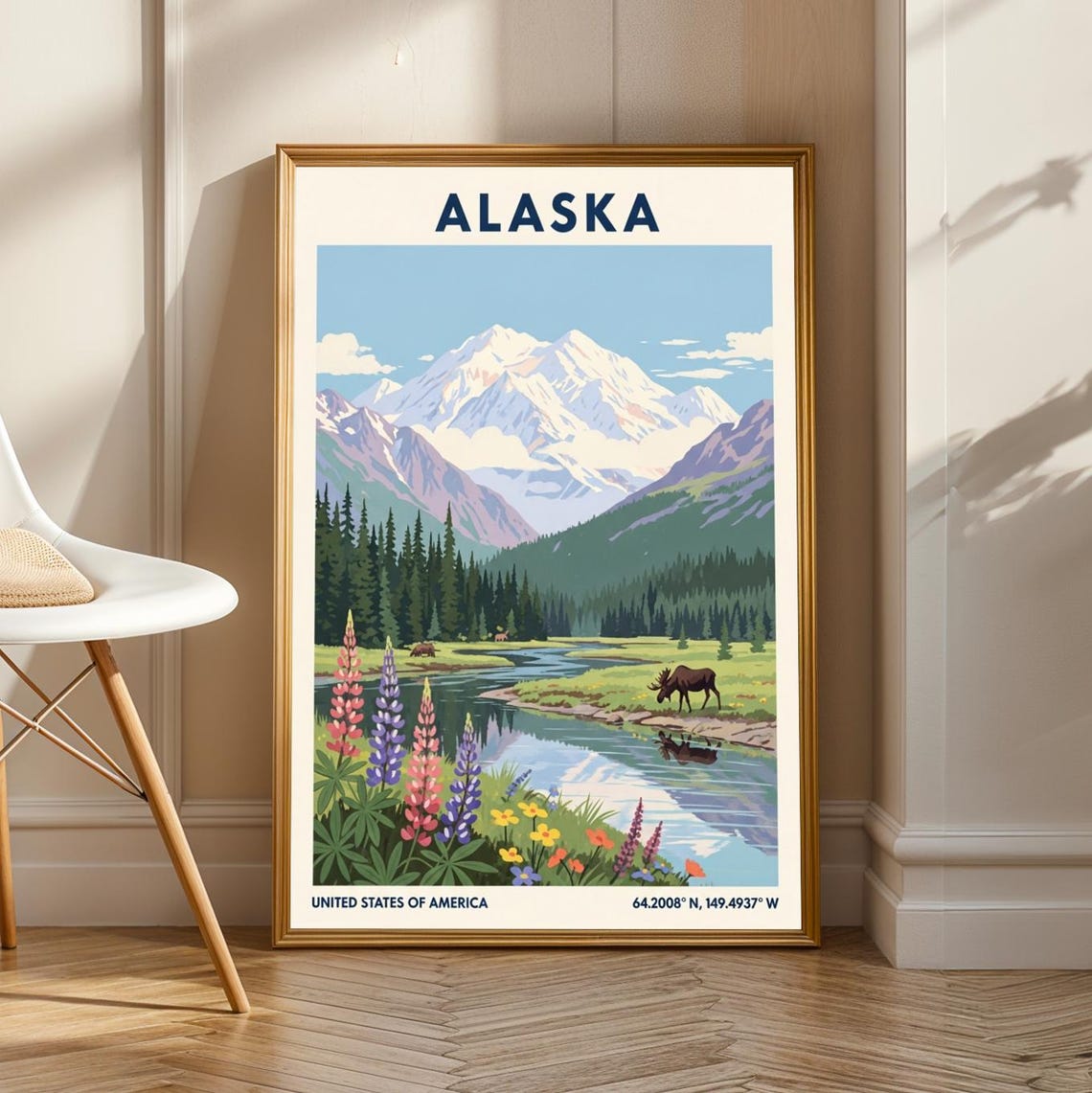 Alaska Snow Capped Mountain Moose Wildflower River Travel Poster