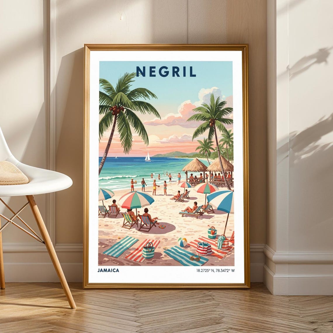 Negril Beach Jamaica Sunset Scene Vintage Travel Poster with Palms
