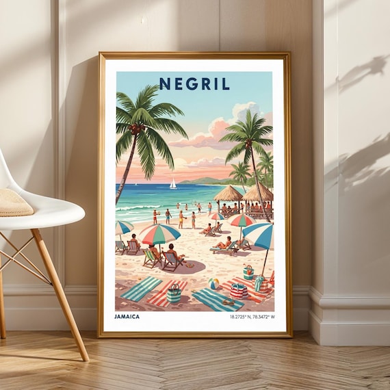 Negril Beach Scene Print Blue And Green Pink Beige Retro Art Tropical Illustration For Living Room Or Office Jamaican Wall