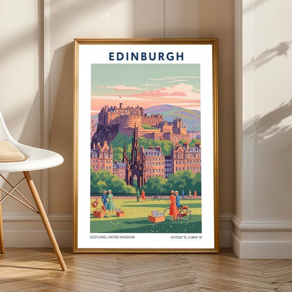 Edinburgh Castle Poster Vintage Travel Illustration Gouache Landscape Art Green Blue Pink And Orange Decor For Living Room Or Office
