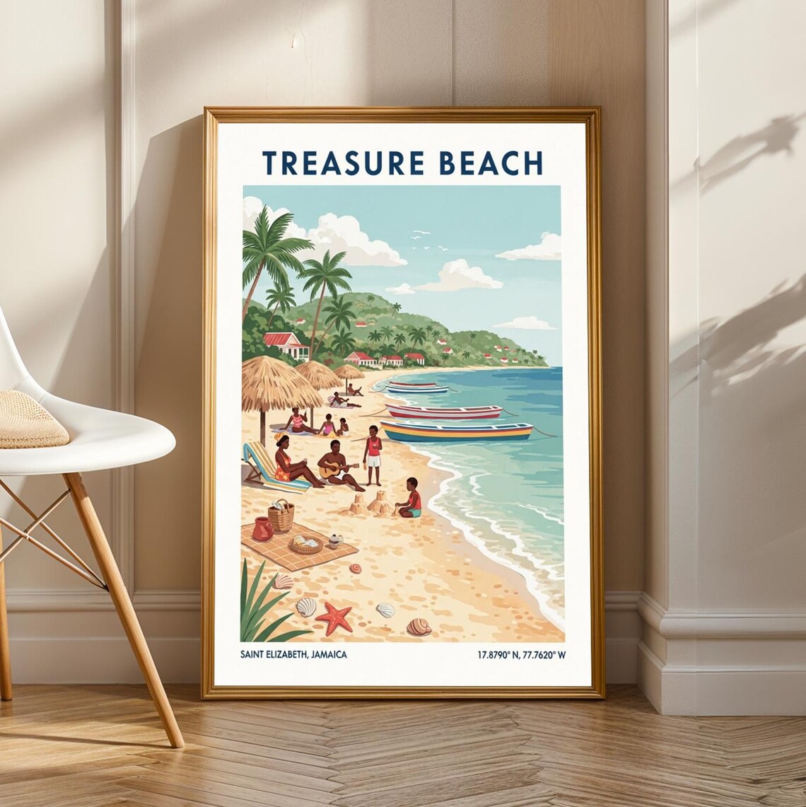 Treasure Beach Jamaica Travel Poster, Tropical Illustration