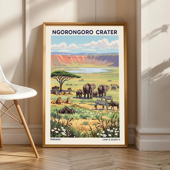 Ngorongoro Crater Tanzania Safari Wildlife Vintage Travel Poster
