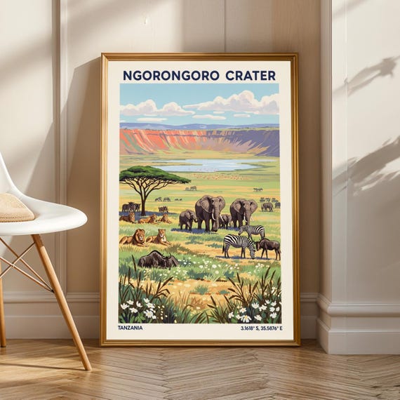 Ngorongoro Crater Wildlife Poster Travel Wall Art African Landscape Africa Living Room Office Decor