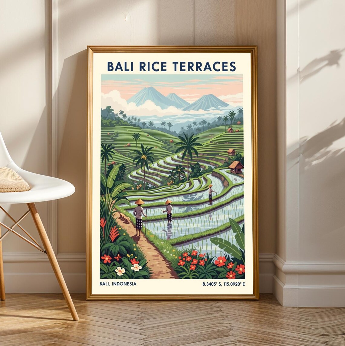 Bali Rice Terraces Poster Vintage Gouache Painting Green Blue Red And Orange Southeast Asian Art Travel Enthusiasts Living Room Deco