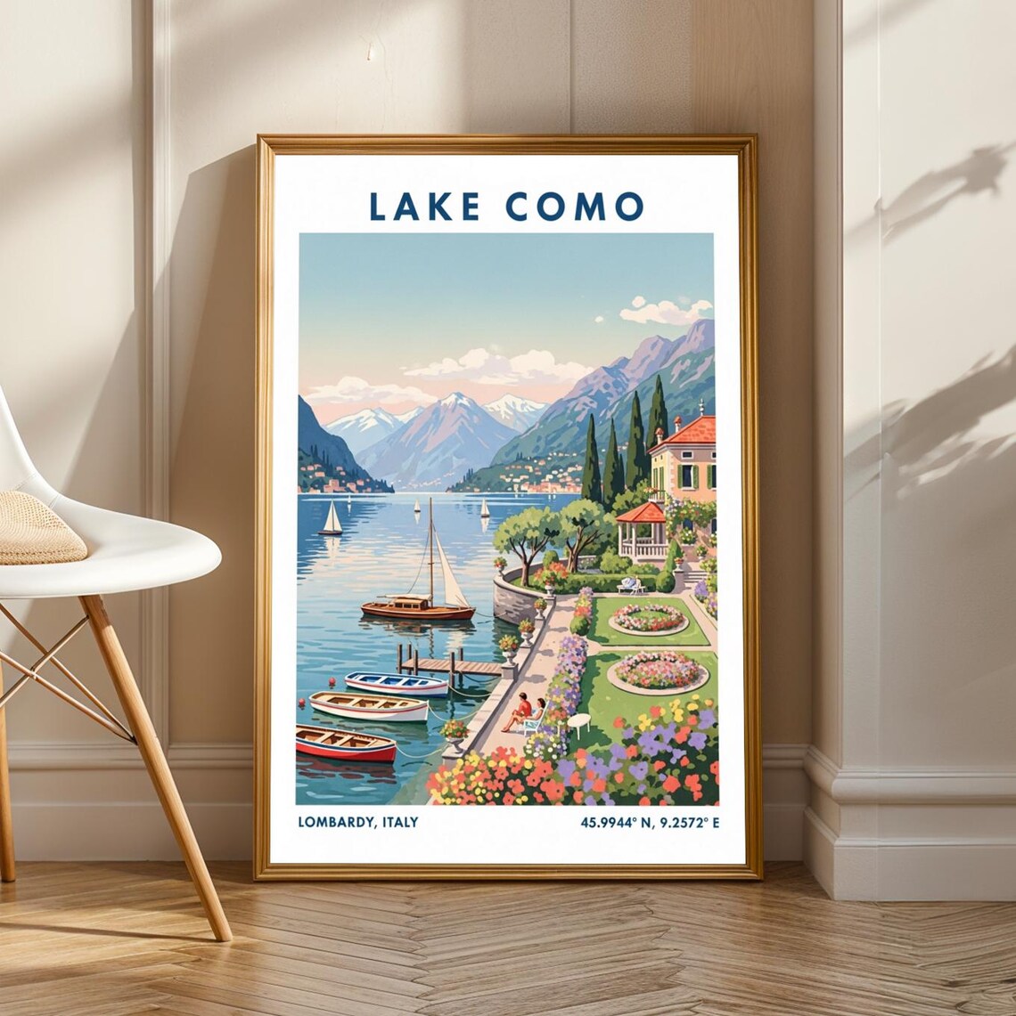 Lake Como Lombardy Italy Villa Garden Boats Vintage Travel Poster
