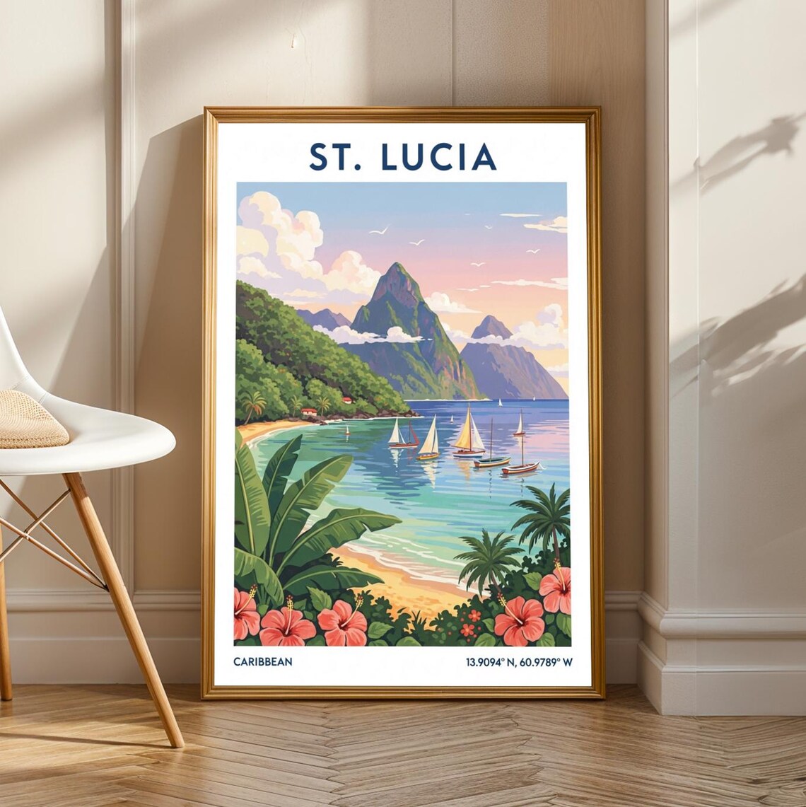 St Lucia Landscape Travel Poster, Caribbean Decor