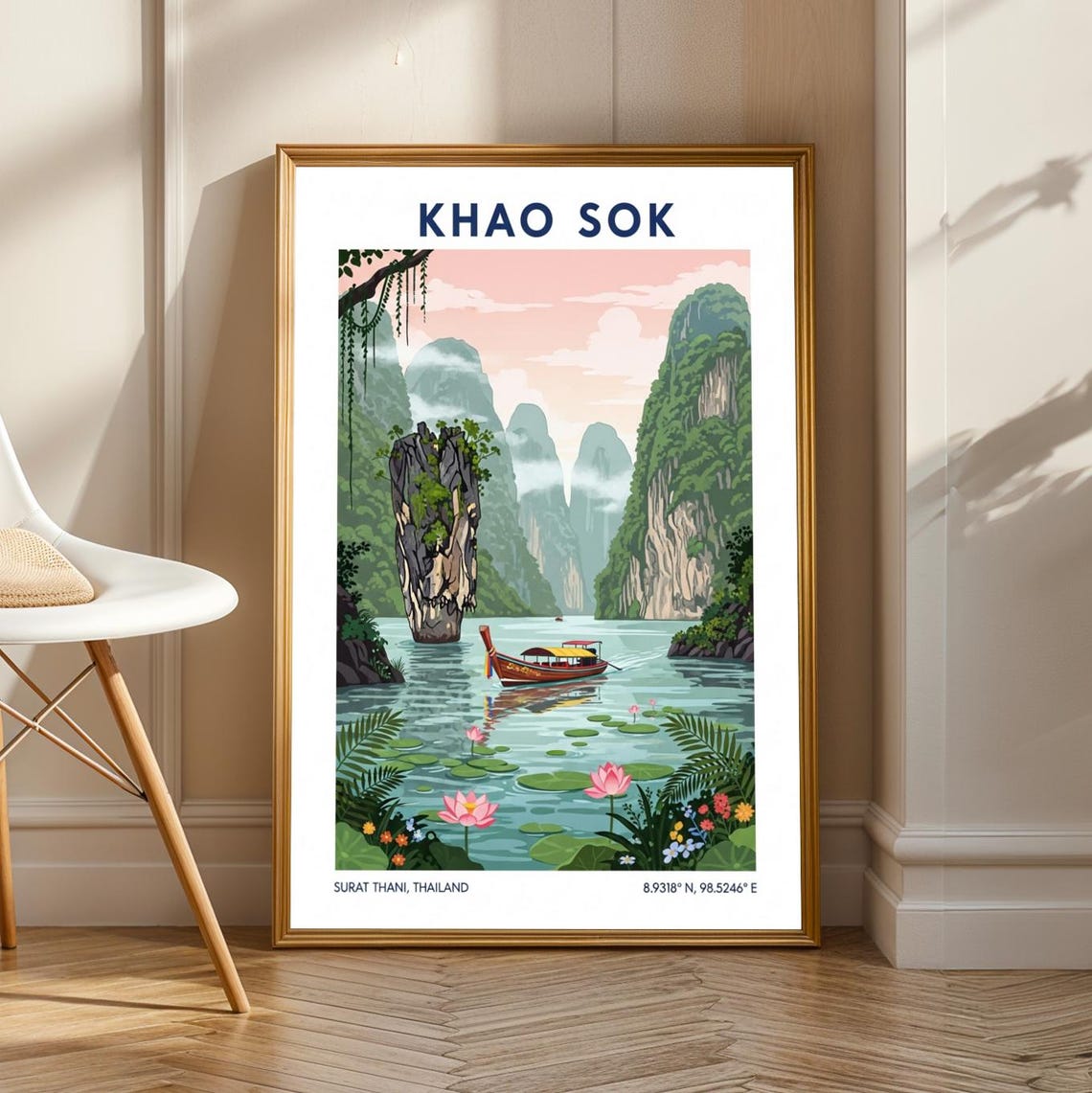 Khao Sok Thailand Limestone Karsts Longtail Boat Lotus Travel Poster