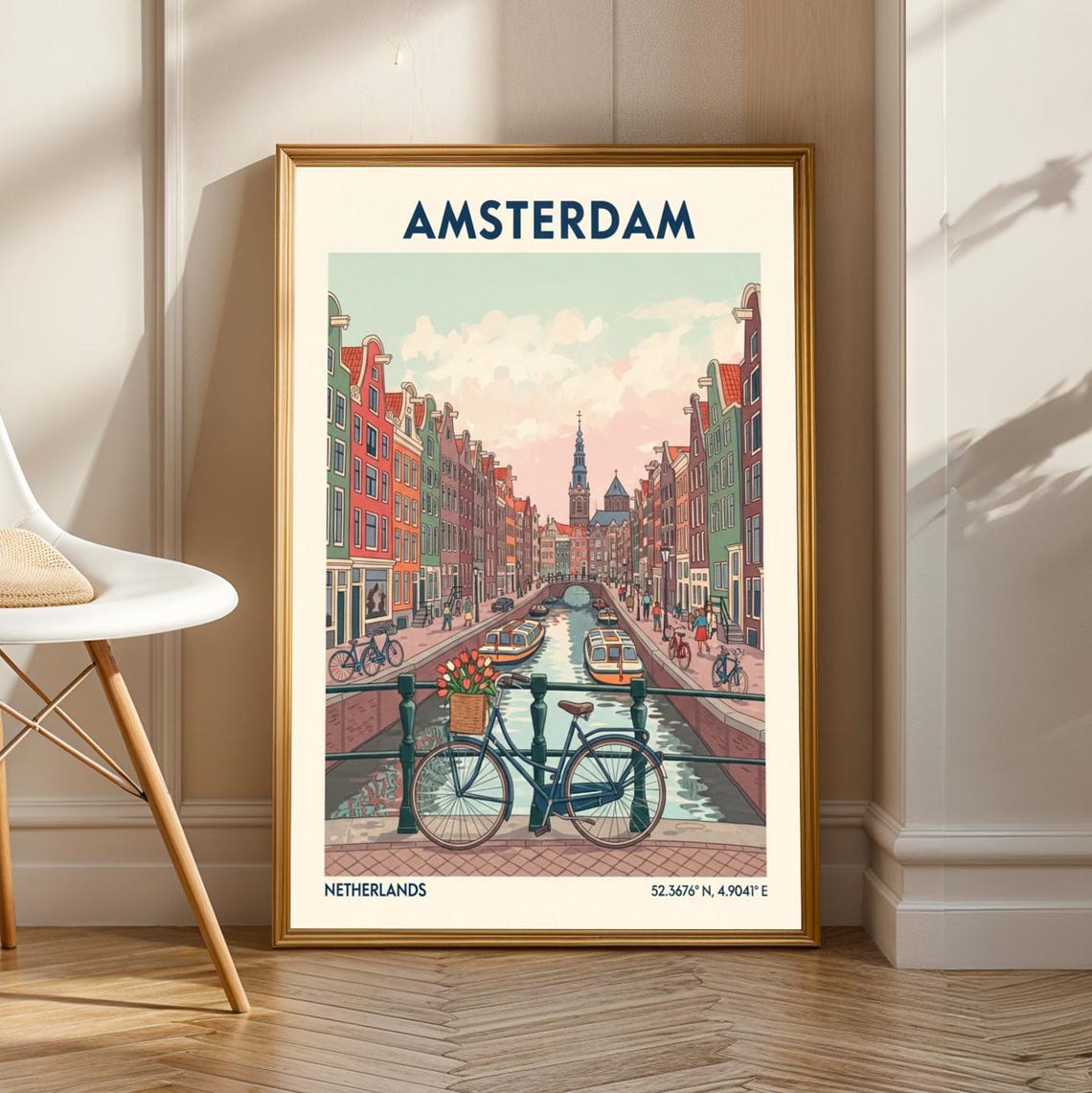 Amsterdam Canal Scene Poster Vintage Gouache Painting Red Green Blue Pink And Orange Art European City Travel Illustration