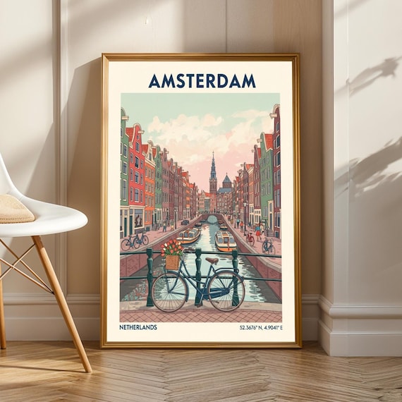 Amsterdam Canal Scene Poster Vintage Gouache Painting Red Green Blue Pink And Orange Art European City Travel Illustration