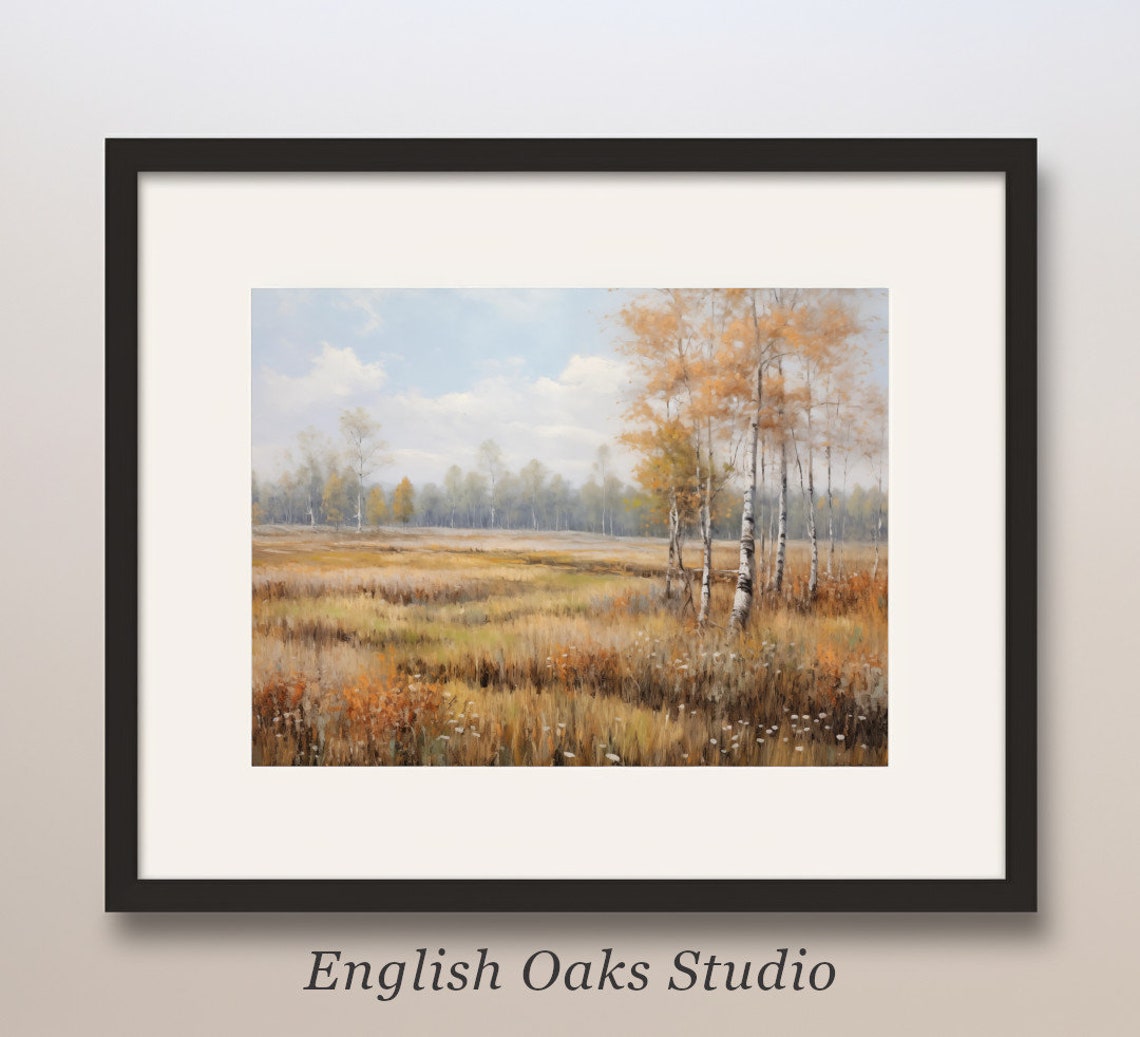 Golden Birch Trees at Edge of Autumn Field Warm Fall Landscape Poster