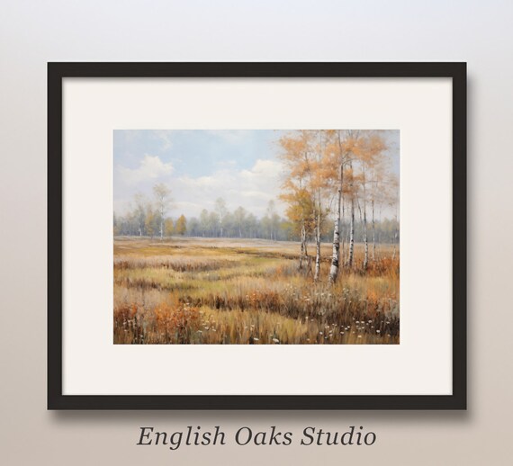 Golden Birch Trees at Edge of Autumn Field Warm Fall Landscape Poster