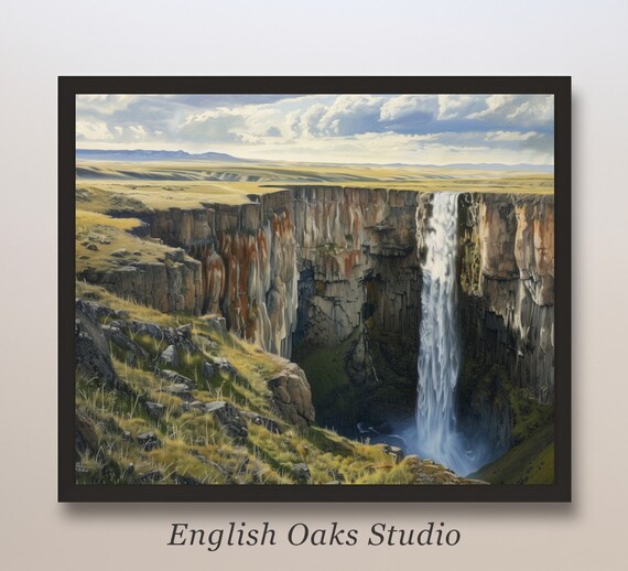 Tall Prairie Waterfall Painting Basalt Cliffs River Gorge Poster