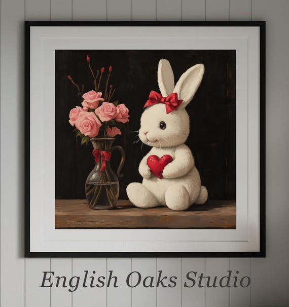 Moody Valentines Day White Bunny With Red Bow Vase And Pink Roses Painting Vintage Goth Dark Academia Mothers Day Rabbit And Flowers