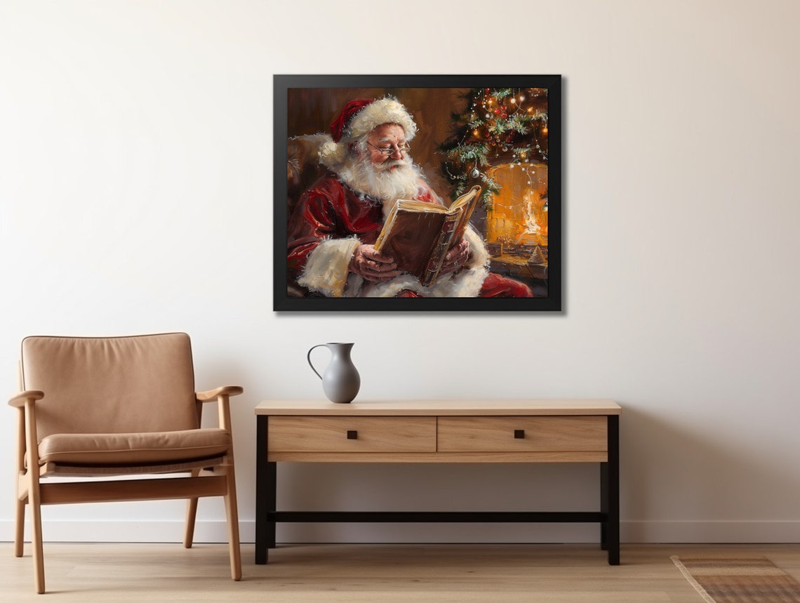Santa Reading by Christmas Tree Fireplace Night Painting Poster - Image 2