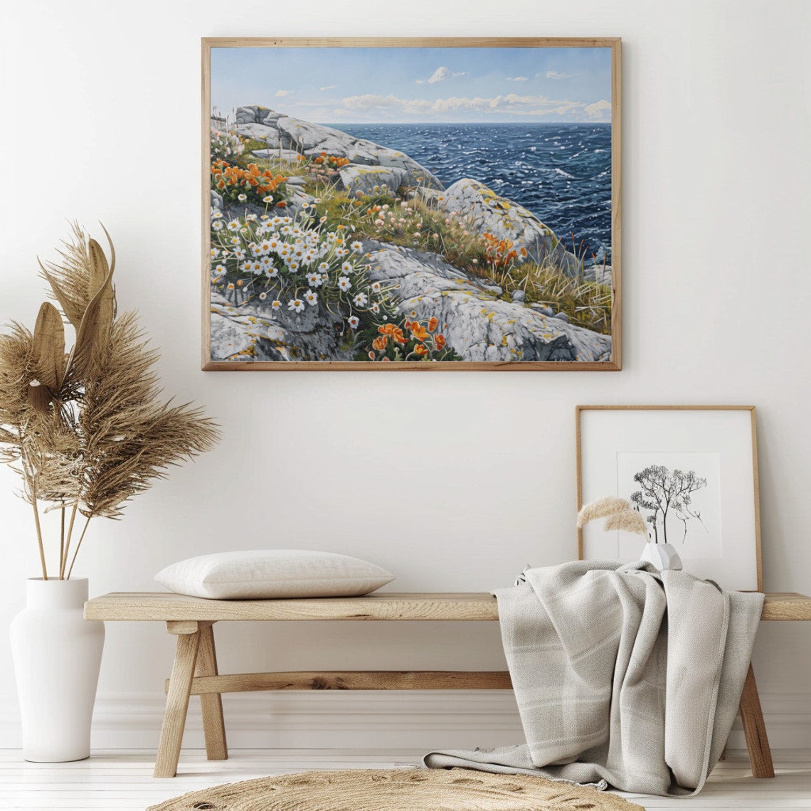 Rocky Coastline Daisies White Blooms Deep Blue Ocean Cliffs Poster - Image 2