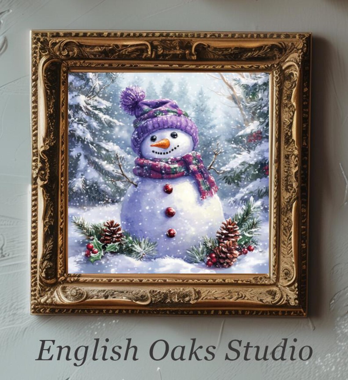 Farmhouse Snowy Forest Snowman Vintage Winter Art Print