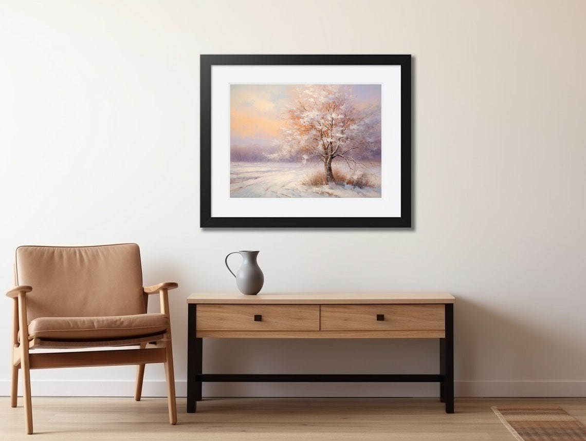 Solitary Frosted Tree in Snow at Sunset Pastel Winter Landscape Poster - Image 2