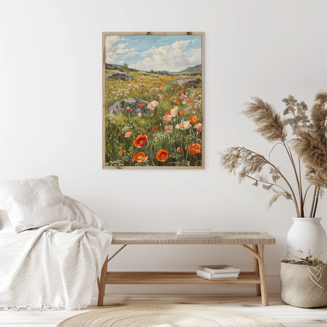 Red and White Poppies Rocky Hillside Field Vintage Summer Poster - Image 2
