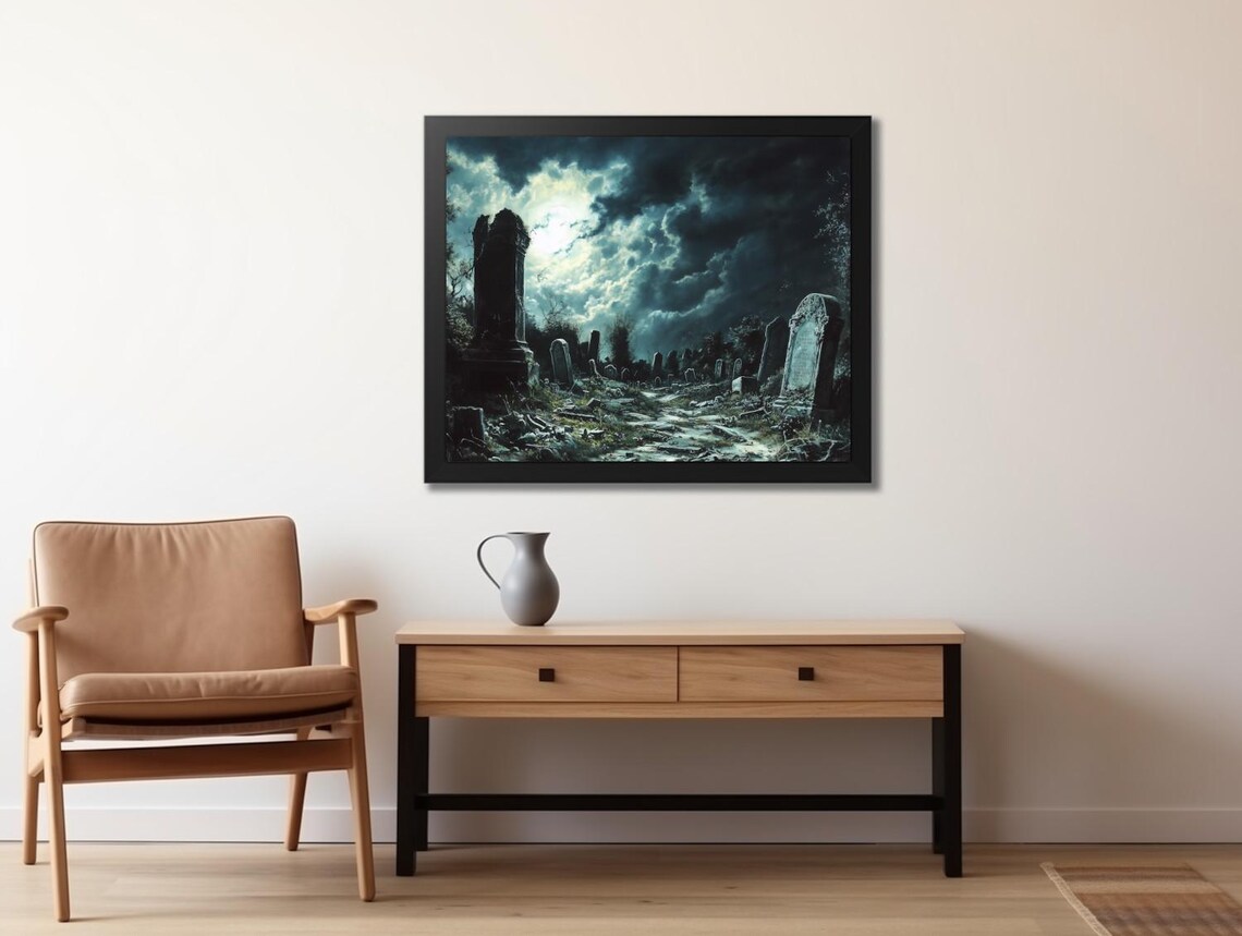 Moonlit Ruined Cemetery with Stormy Clouds Haunted Graveyard Gothic Art Poster - Image 2