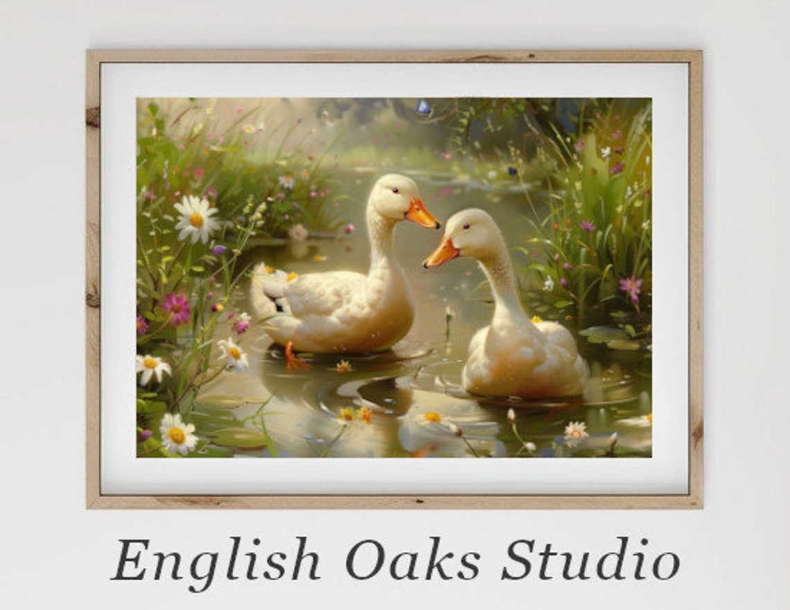 Sweet Two White Ducks Swimming on a Flower Pond Spring Art Poster