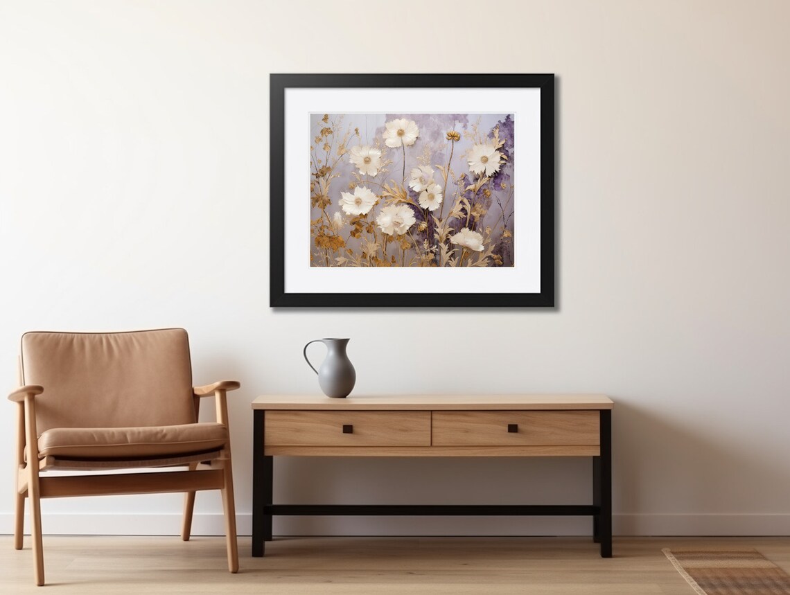 White Wildflowers on Lavender Botanical Floral Oil Painting Poster - Image 2