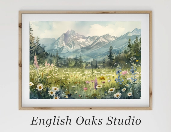 Alpine Wildflower Meadow Watercolor Daisy Field Mountain View Poster