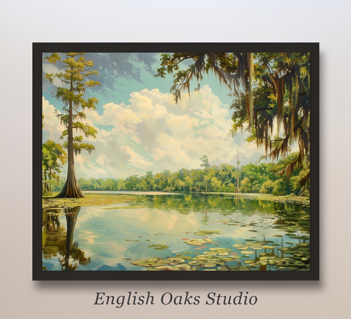 Bright Cypress Lake Painting Lily Pads Reflections Blue Sky Poster