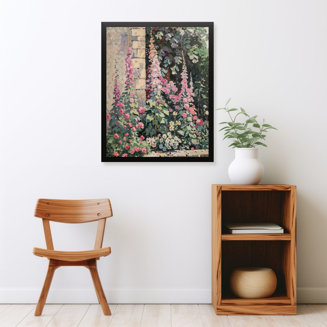 Summer Garden With Pink Hollyhocks By Stone Wall Impressionist Poster - Image 2