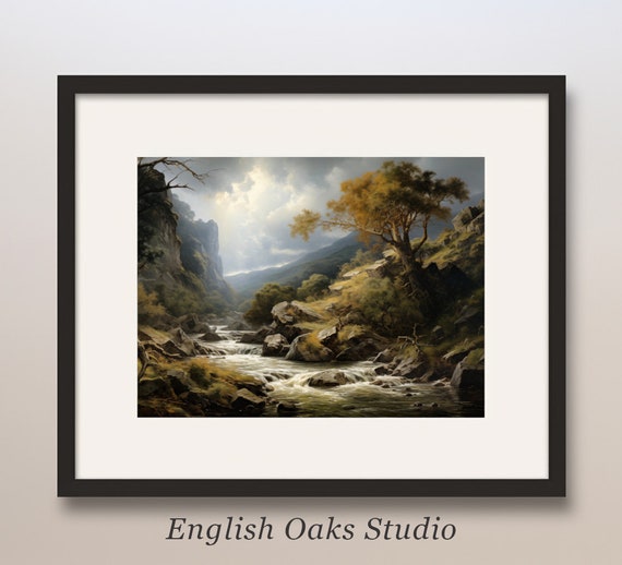 Rustic Moody Summer River Mountain Landscape Oil Painting Vintage Tree Riverside Art Print 02