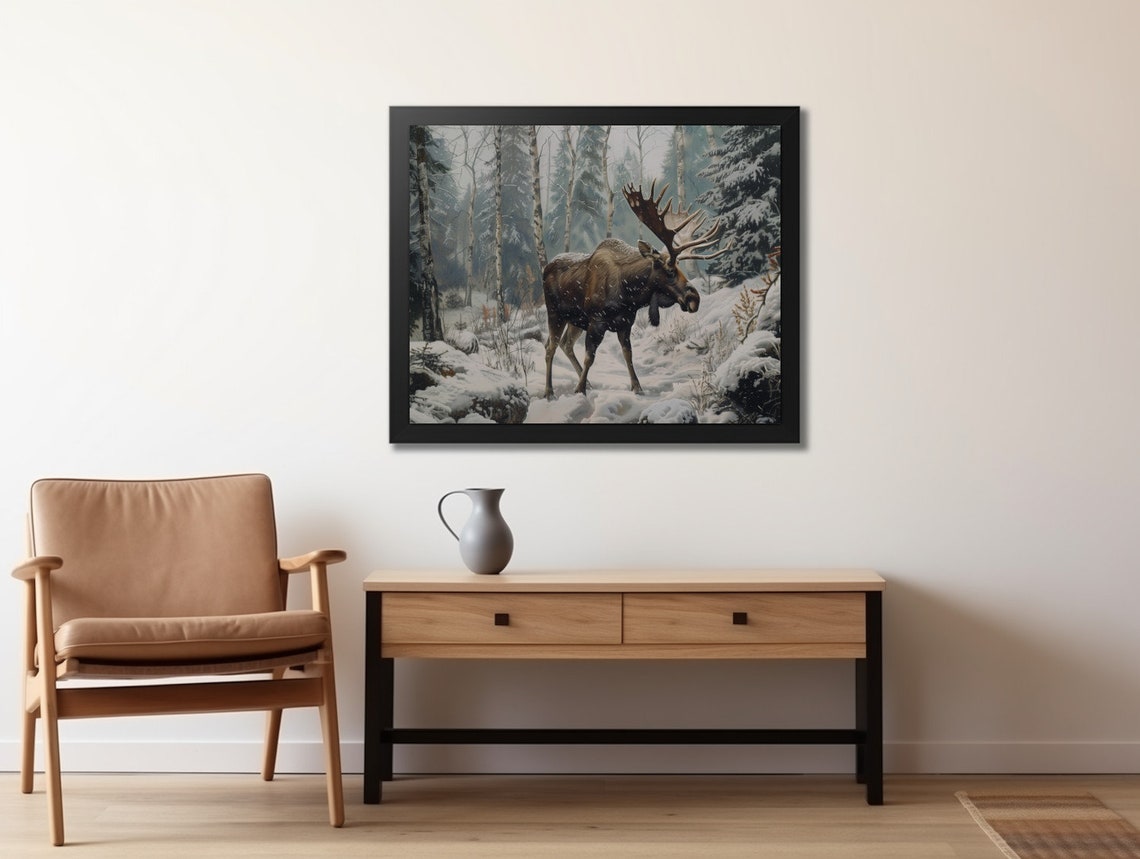 Rustic Moody Moose Winter Landscape Painting Vintage Snowy Mountain Moose Landscape Cabin Decor Print - Image 2