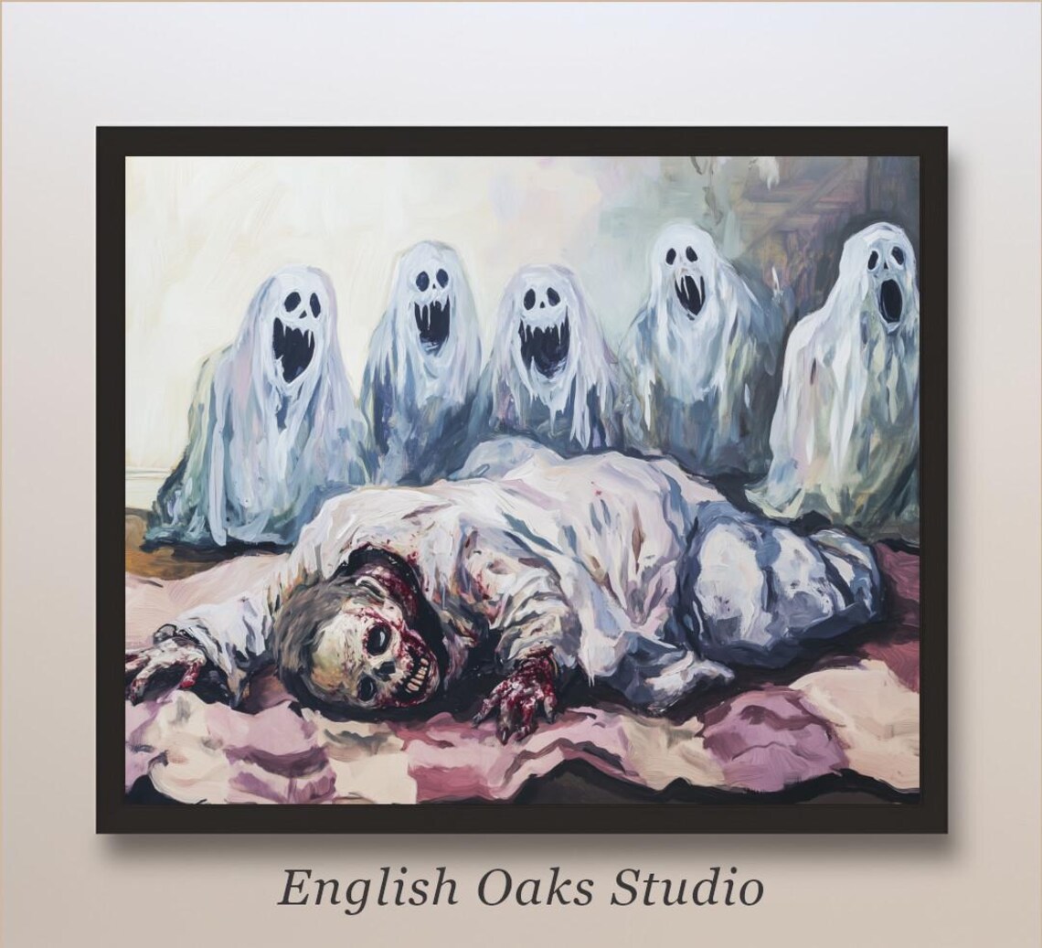 Scary Zombie Crawling Floor Screaming Ghosts Horror Halloween Art Poster
