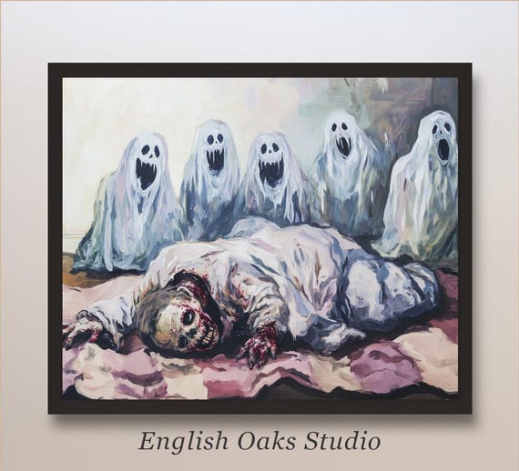Moody Vintage Halloween Scary Zombie On A Blanket On The Floor And Ghosts Near It Painting Rustic Goth Spooky Season Print