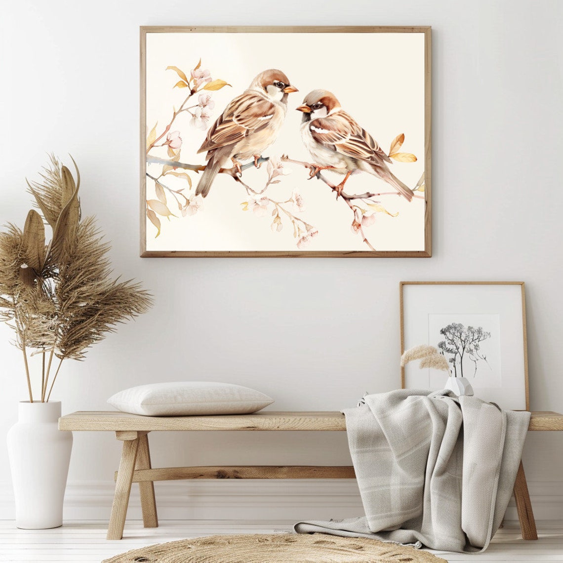 Two Sparrows Watercolor Painting Blossom Branch Birds Poster - Image 2