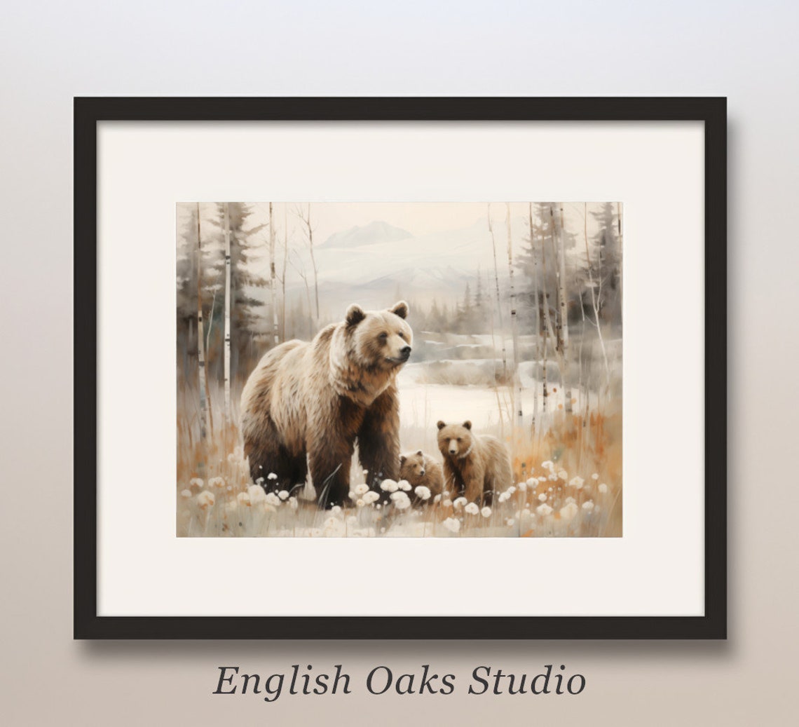 Mama Bear and Cubs Meadow Birch Trees Soft Neutral Painting Print